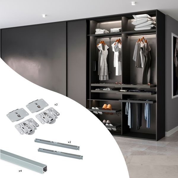 Système Flow en format kit pour une armoire avec 2 portes coulissantes soutenues en bois à fermeture amortie