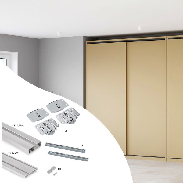 Système de montage en surface Flow en kit pour une armoire avec 2 portes coulissantes en bois avec fermeture souple.