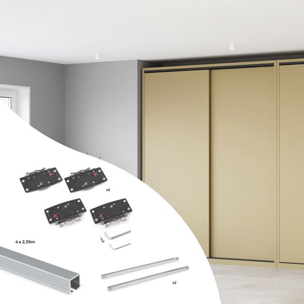 Système Flow 2 en format kit pour une armoire avec 2 portes coulissantes soutenues en bois à fermeture amortie