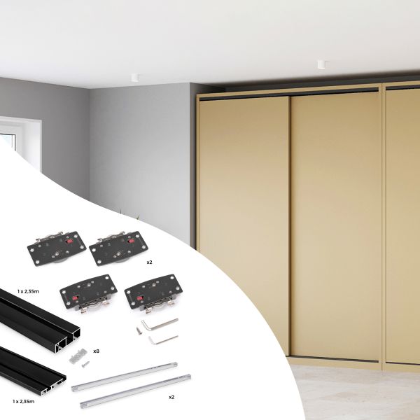 Système de montage en surface Flow 2 en kit pour une armoire avec 2 portes coulissantes en bois avec fermeture souple.