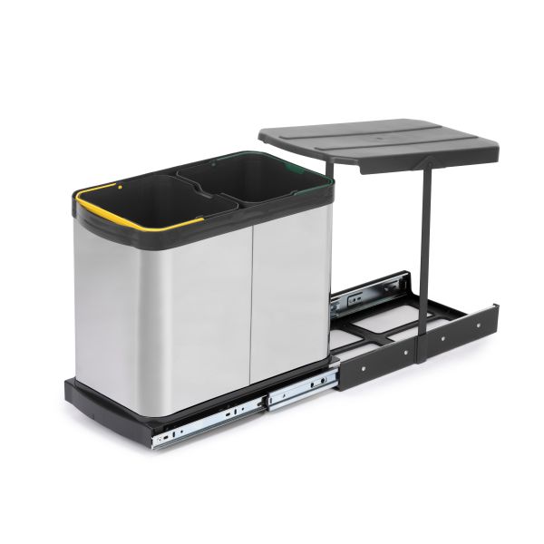 Poubelle de recyclage Recycle Inox pour cuisine, 2 x 12 L, fixation  bas de caisson et extraction manuelle/automatique